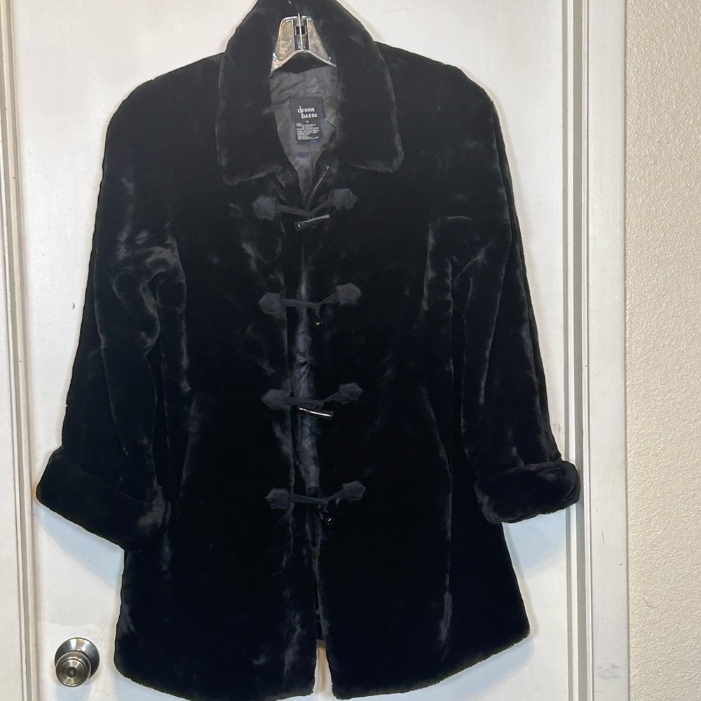 Dennis Basso Black Faux Fur Toggle Coat Jacket Women's Medium Mid-Length Zip Up - Picture 6 of 7